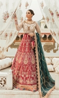 Stone-embellished, sheesha-worked, embroidered & sequined net front bodice Embroidered & sequined net back bodice Embroidered & sequined net sleeves Embroidered & sequined net motif for back bodice Embroidered & sequined organza dupatta Fully embroidered & sequined lehnga panels on pure silk Embroidered & sequined border for lehnga panels (burnt orange) Sheesha-worked & embroidered borders for lehnga panels Embroidered & sequined border for dupatta (burnt orange) Embroidered & sequined border for dupatta (maroon) Sheesha-worked, embroidered & sequined net border for sleeves Gold-zari woven and sequined lace for sleeves Dyed inner shirt lining for bodice