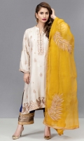 Off-white raw silk 2 kali kurta with embroidered and hand worked zarri, sequin and dabka motifs in shades of gold on neck, sleeve, hem and shirt front