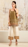 Olive green silk jamawar shirt with heavily embelished embroidered and hand-worked motifs and borders at hem