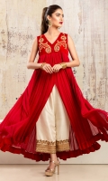 Ruby red chiffon, pleated, front-open peshwaas with embroidered motifs on a velvet yoke