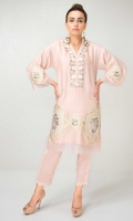 Pink cotton net shirt with embroidered neckline and gem button detailing along with embroidered applique motifs on sleeve and hem. Accompanied by pink grip silk capri pants with scalloped hem detailing