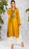 Amber yellow cotton net kaftan style shirt with embroidery and velvet detailing
