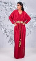 Ruby red, raw silk kaftaan with gold handwoven belt and tassle detail