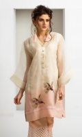 Shaded organza kurta in an off-white and pink colour with crochet lace detailing and sequined bird motif embellishment, accompanied by pink silk wide leg pants with embroidered organza panelling