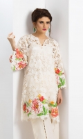 Off-white lace kurta with floral patchwork embroidery in shades of rust in a bell sleeve design accompanied by off-white silk wide leg pants with pearl