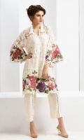 Off-white lace kurta with floral patchwork embroidery in shades of mauve in a bell sleeve design accompanied by off-white silk wide leg pants with pearl