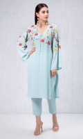 Sky blue grip silk shirt with embroidered yolk and sleevs and 3D crochet embellishment. Accompanied by sky blue capris style pants in grip silk