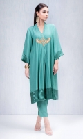 Jade green pleated shirt in a flared design with gold embroidered motifs and silk shamoise edging on sleeve and hem . Accompanied by Jade green capris style pants in grip silk