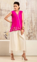 Fuschia pink sleeveless wrap front raw silk shirt with gold and silver embroidery