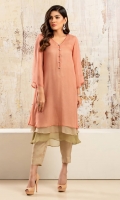 Tri- layered chiffon shirt in shades of peach,beige & green in a flared hem design with diamonte button detailing. Accompanied by beige grip silk capris pants