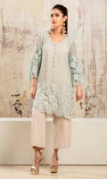 Ice blue and beige lace net shirt with handworked gota motifs at hem and a flared sleeve design. Accompanied by beige grip silk capris pants