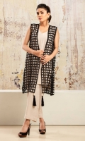 Black net sleeveless coat with large tassle detailing accompanied by beige grip silk inner shirt and wide-leg pants