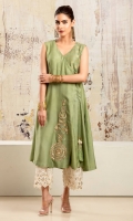 Pea green cotton net angharka style sleeveless shirt with gold & silver embroidered and hand worked gota motifs and tassle detail