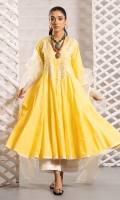 Yellow paneled flared shirt with detailed embroidery on the neckline and embellished edging on the hem.