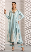 Blue cotton net embroidered angrakha with paisleys on the front and embroidery edging on the neckline and sleeves and a silk tassel for the finish. Accompanied by azaar/ loose pants.