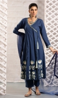 Blue cotton embroidered angrakha with flower motif on the front panel and neckline and tassel to finish.