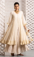 Off-white hand crushed front open flared shirt with laces on the hem and hand crushed dupatta with lace edging.