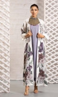 Muslin long coat with floral patchwork, lilac long shirt with embroidery on the neckline. and loose lowers with a pleated border.
