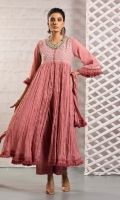 Hand crushed rose pink flared shirt with embroidery on the yoke and an embroidered motif on the back. Accompanied by hand crushed dupatta.
