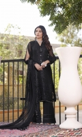 •Embroidered chiffon Front (1 yard) •Embroidered chiffon back (1 yard) •Embroidered chiffon sleeves (0.75 yard) •Embroidered organza neckline (1 piece) •Embroidered organza border for front/back (1.75 meter) •Embroidered sleeves organza lace (1 meter) •Embroidered chiffon dupatta (2.5 yard) •Embroidered organza patch for trousers (1 meter) •Dyed Raw silk trousers (2.5 yard)