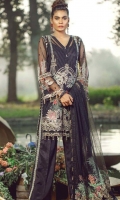 Embroidered Front on Net Embroidered Front Border 30 Inches Embroidered Back on Net 1 Meter Embroidered Back Border 30 Inches Embroidered Sleeves on Net Embroidered Trouser Border 90 Inches Inner Raw Silk 2.5 Yards Trouser Raw Silk 2.5 Yards Embroidered and Embellished Net Dupatta