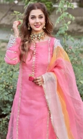 Shirt is in organza with embroidered sleeves. Sequence spray on undershirt. Organza dupatta with chiffon sharara.