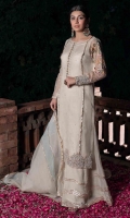 Shirt is in organza with embroidered sleeves. Sequence spray on undershirt. Organza dupatta with chiffon sharara