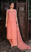 Peach pink color. Shirt is in chiffon mukesh with pearl or tilla balls on Neckline. Pants in silk finished with gotta pani lines. Dupatta in net finished with golden Kiran all ove