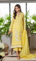 The striking shade of yellow, cut from resham cotton net, incorporated with light-colored pearls and diamontes on the neckline. The shirt is further enhanced with laces, pleats, and off-white embroidered accents to set a dreamy mood. This shirt is paired with matching raw silk culottes featuring laces and a cotton net dupatta with self-laces that completes the look.