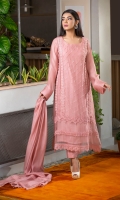 This serene pink kurta features laces all over, pleated organza inserts on the borders, and is further embellished with pearls and diamontes. You can pair it with a matching lacy dupatta and scalloped pants for any manner of occasion.