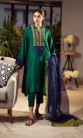 Our emerald green finely tailored kali kurta is crafted from Khaddi silk and is adorned with embroideries of contrasting hues along with hints of sheesh embroidery. You can pair it with our blue cotton net dupatta featured with olive edgings and straight pants with pintex to complete the look.