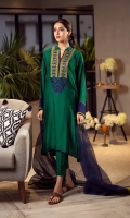 Our emerald green finely tailored kali kurta is crafted from Khaddi silk and is adorned with embroideries of contrasting hues along with hints of sheesh embroidery. You can pair it with our blue cotton net dupatta featured with olive edgings and straight pants with pintex to complete the look.