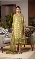 The traditional olive kurta is perfect to make your eid exotic this season with its light-colored crystal danglings and a handworked neckline. The sleeves and border have organza inserts with pleats and are finished with danglings. It is paired with a matching raw silk scalloped shalwar and a matching cotton net dupatta enhanced with laces.