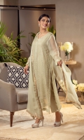 This light mint kurta is enhanced with mukesh work and organza inserts. It is paired with matching raw silk pants and a mukesh work dupatta for that complete look.