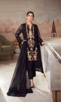 This black kurta featuring beige and self embroidery, incorporated with self laces on the daman, sleeves and neckline, is paired with matching raw silk pants and a dupatta with self laces that completes the look.