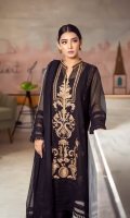 This black kurta featuring beige and self embroidery, incorporated with self laces on the daman, sleeves and neckline, is paired with matching raw silk pants and a dupatta with self laces that completes the look.