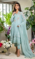 A pretty sky blue kurta uplifted by light pearl work on the neckline enhanced with delicate floral motifs in shades of light pink and powder blue embellishments with pearls and diamontes, this is further enhanced with laces on the border and sleeves. You can pair it with our matching raw silk culottes and a cotton net dupatta with self laces and pleats for a more classic look.