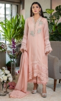 A forever flattering kurta in a lovely light pink hue is embellished with floral motifs along the neckline and delicate laces on the borders and sleeves.  Pair it with our light pink lacy culottes and a matching dupatta finished with lace trimmings to keep it easy for all eid soirees.