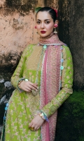 Embroidered Dupatta (CHIFFON) 2.60 Meters Embroidered Shirt Front (KARANDI) 1.30 Meters Embroidered Shirt Back (KARANDI) 1.30 Meters Embroidered Sleeves (KARANDI) 0.65 Meters Embroidered Neck (KARANDI) 1.00 Piece Dyed Trouser (KARANDI) 2.50 Meters Embroidered Trouser Border (KARANDI) 1.95 Meters Embroidered Front & Back Hem Border (KARANDI) 1.56 Meters Embroidered Side Extensions Front & Back Border (KARANDI) 4.58 Meters Embroidered Dupatta Pallu (CHIFFON) 2.23 Meters Embroidered Back Neck Patch (KARANDI) 1.00 Piece Printed Finishing For Shirt (SATIN SILK) 1.00 Meters
