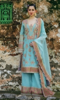 Embroidered Dupatta (ORGANZA) 2.60 Meters Embroidered Shirt Front (KARANDI) 0.65 Meters Embroidered Shirt Back (KARANDI) 1.30 Meters Embroidered Sleeves (KARANDI) 0.65 Meters Dyed Trouser (KARANDI) 2.50 Meters Embroidered Trouser Border (KARANDI) 1.95 Meters Embroidered Back Neck Patch (ORGANZA) 1.00 Piece Embroidered Front & Back Hem Border (KARANDI) 1.56 Meters Embroidered Side Extensions Patti Front (KARANDI) 4.58 Meters Embroidered Dupatta Pallu (ORGANZA) 2.23 Meters Printed Finishing For Shirt (SATIN SILK) 1.00 Meters