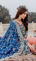 Embroidered chiffon for front  Embroidered organza for front daman patch  Embroidered organza border for front & sleeves  Embroidered chiffon for back  Embroidered organza border for back  Embroidered chiffon for sleeves  Embroidered chiffon for dupatta  Raw silk for trousers  Embroidered organza border for trousers