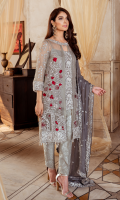 Embroidered chiffon for front right & left panels  Embroidered organza for front neck patch  Embroidered organza for front center & sleeves  Embroidered chiffon for back  Embroidered organza border for front & back  Embroidered chiffon for sleeves  Embroidered chiffon for dupatta  Jacquard fabric for trousers