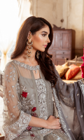 Embroidered chiffon for front right & left panels  Embroidered organza for front neck patch  Embroidered organza for front center & sleeves  Embroidered chiffon for back  Embroidered organza border for front & back  Embroidered chiffon for sleeves  Embroidered chiffon for dupatta  Jacquard fabric for trousers