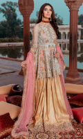 Embroidered net for front & back yoke  Embroidered net for front & back panels (1)  Embroidered net for front & back panels (2)  Embroidered net for front & back panels (3)  Embroidered organza border for front & back  Embroidered net for sleeves  Embroidered organza border for sleeves  Embroidered net for dupatta  Jamawar for trousers  Embroidered organza border for sharara