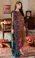 Embroidered chiffon for front  Embroidered organza border for front & sleeves  Plain chiffon for back  Embroidered organza for back neck patch  Embroidered organza border for back  Embroidered chiffon for sleeves  Embroidered chiffon for dupatta  Jacquard fabric for trousers