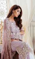 Embroidered chiffon for front  Plain chiffon for back  Embroidered organza for back neck patch  Embroidered organza border for front & back  Embroidered chiffon for sleeves  Embroidered chiffon for dupatta  Raw silk for trousers  Embroidered organza border for trousers