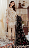 Embroidered Zarri fabric with handmade embellishment for front  Zarri Jacquard fabric for back  Embroidered organza border for front & back  Embroidered Zarri fabric with handmade embellishment for sleeves  Embroidered organza border for sleeves  Embroidered Velvet for shawl  Jamawar for trousers