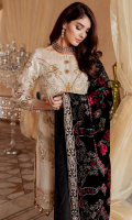 Embroidered Zarri fabric with handmade embellishment for front  Zarri Jacquard fabric for back  Embroidered organza border for front & back  Embroidered Zarri fabric with handmade embellishment for sleeves  Embroidered organza border for sleeves  Embroidered Velvet for shawl  Jamawar for trousers