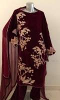 Fabric: Embroidered velvet shirt, velvet trouser, chiffon dupatta.