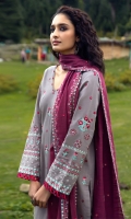Embroidered Khaddar Dupatta 2.5 Meter Embroidered Shirt Front 1.25 Meter Embroidered Shirt Back 1.25 Meter Embroidered Sleeve 0.75 Meter Dyed Khaddar Trouser 2.5 Meter